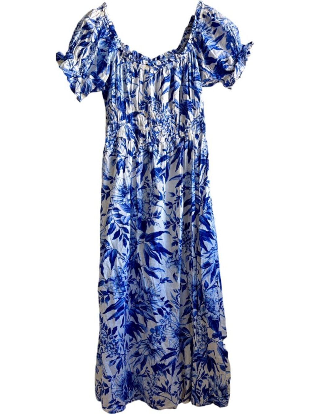 H&M Cotton Poplin Smocked Blue and White Floral Off-the-Shoulder Dress Small